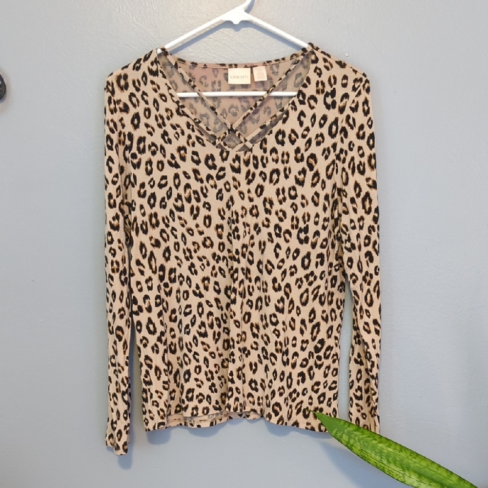 Chicos Strappy Criss Cross Leopard Print V-Neck Long Sleeve Top Size 0 Small